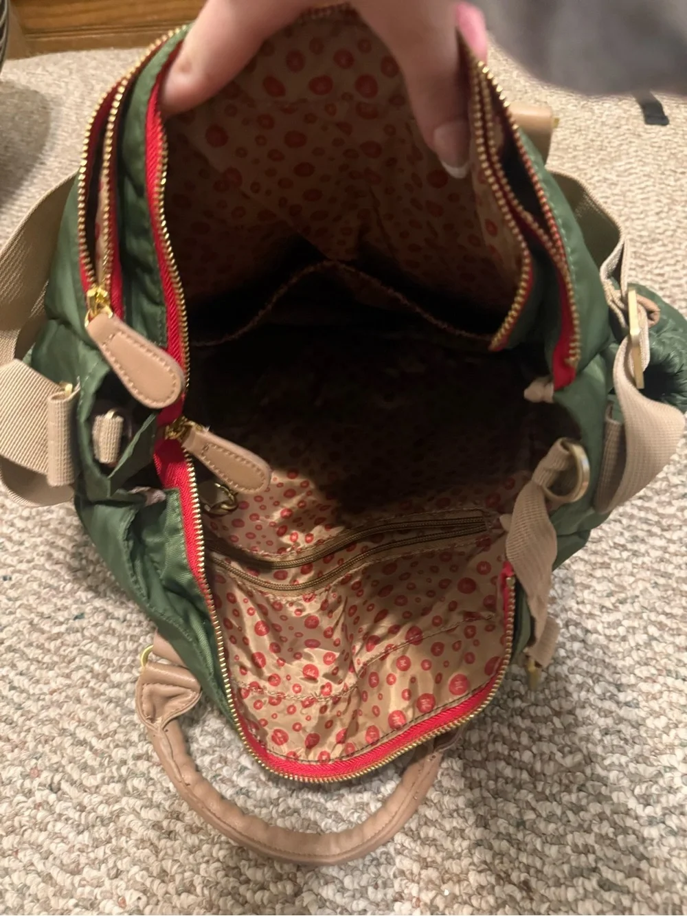 Green Quilted Diaper Bag with Tan Trim